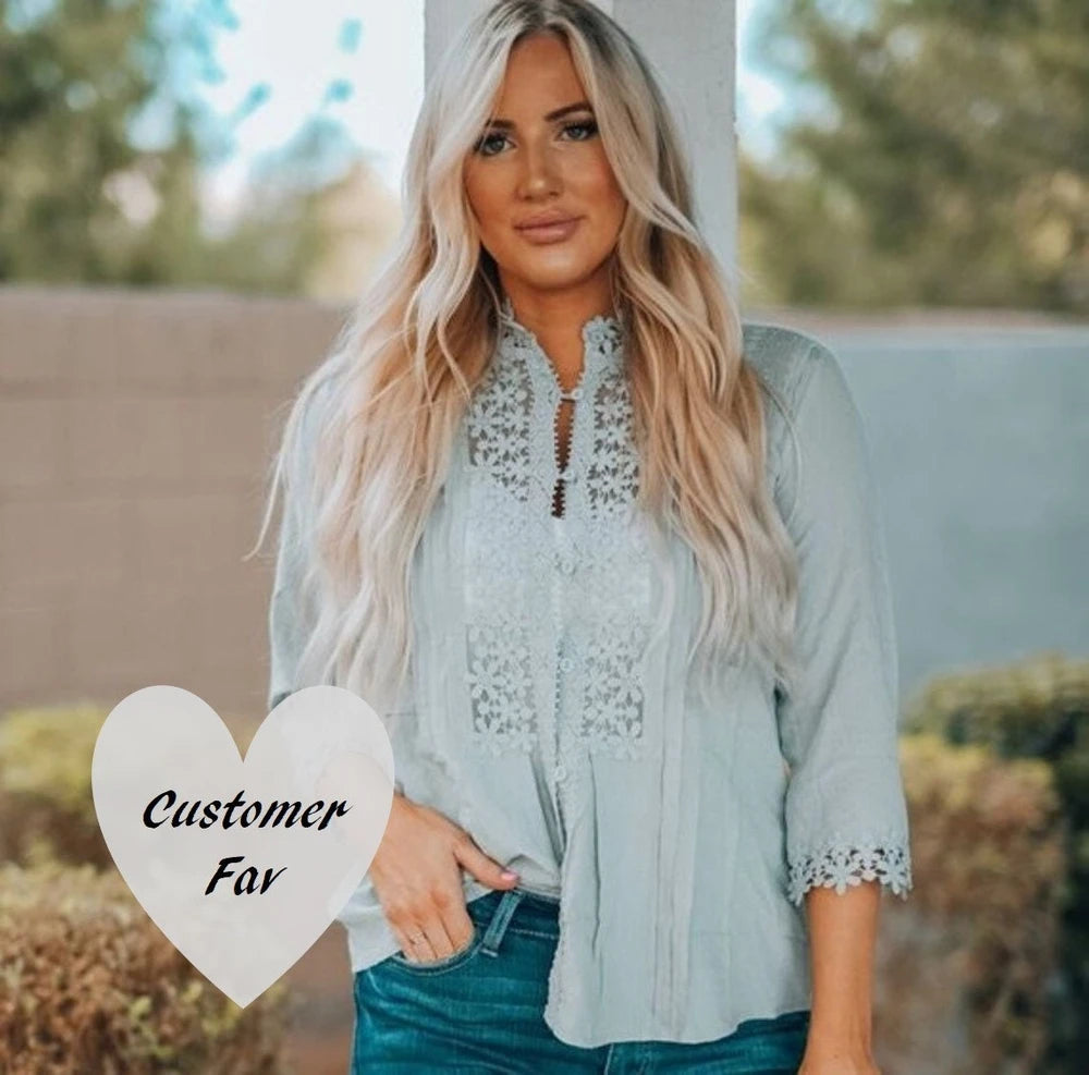 Grey Floral Lace Cotton Blouse