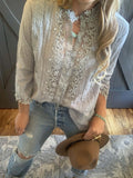 Grey Floral Lace Cotton Blouse