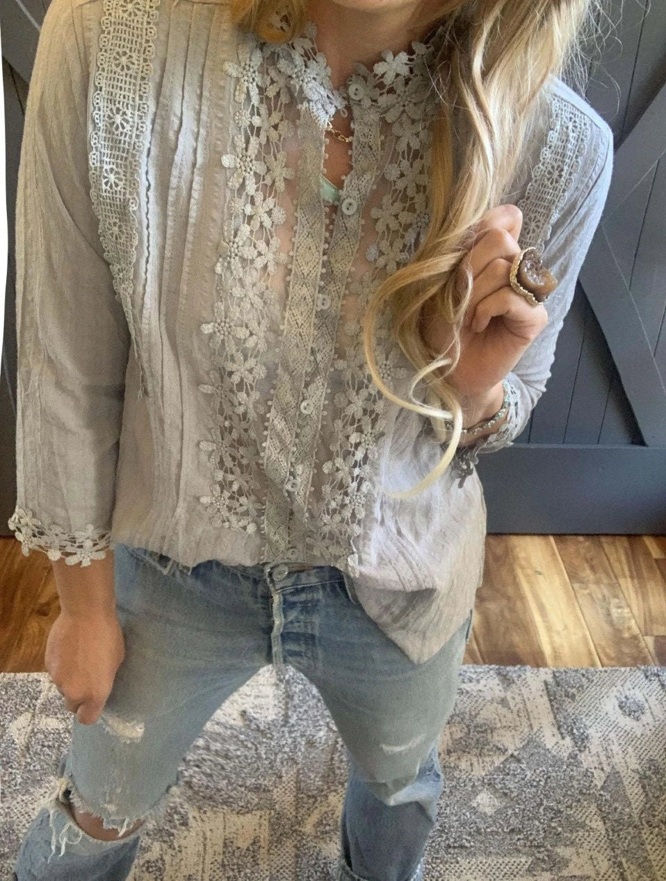Grey Floral Lace Cotton Blouse