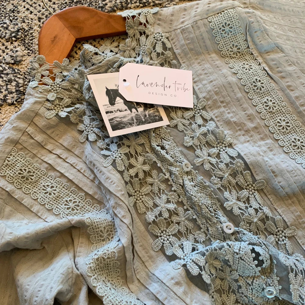 Grey Floral Lace Cotton Blouse