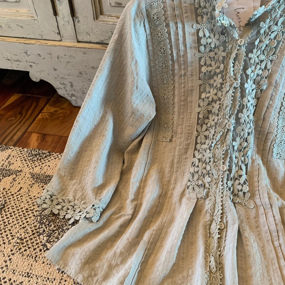 Grey Floral Lace Cotton Blouse