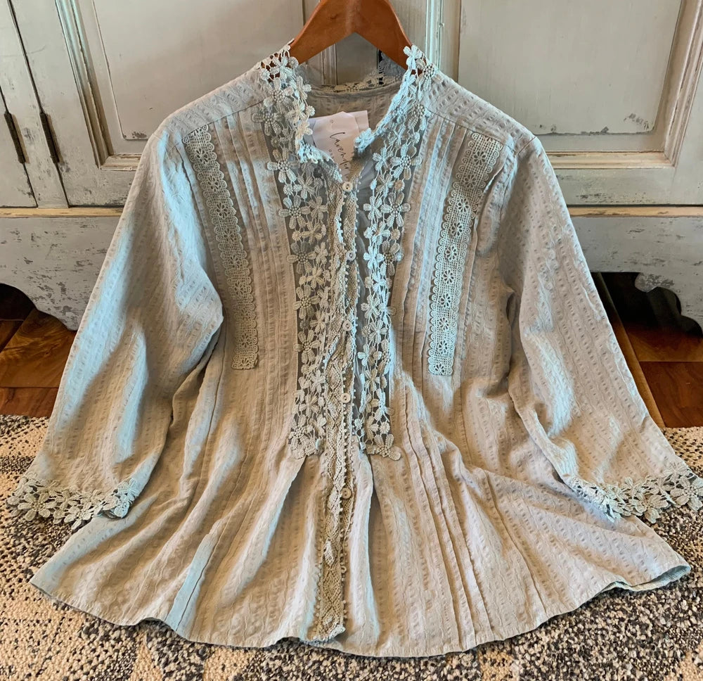 Grey Floral Lace Cotton Blouse